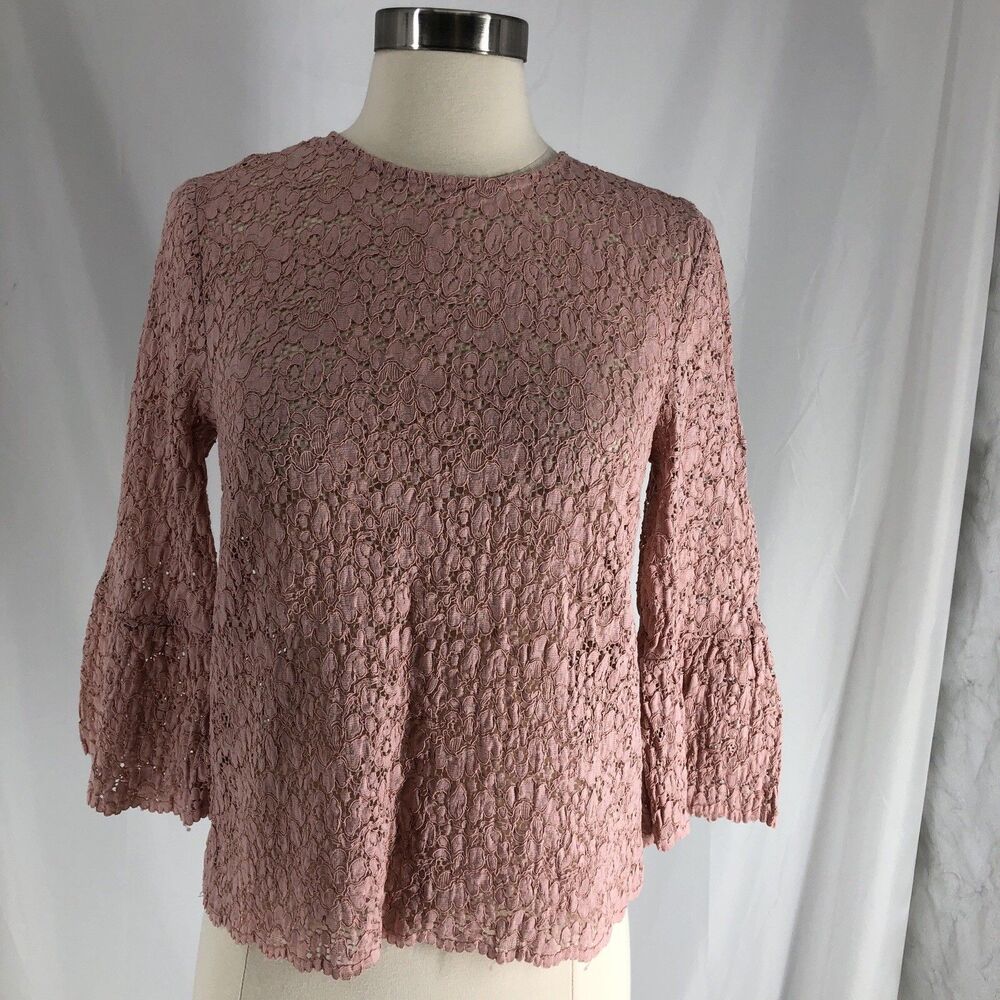 Zara Woman Dusty Pink Floral Lace Bell Sleeve Blouse - Size Small